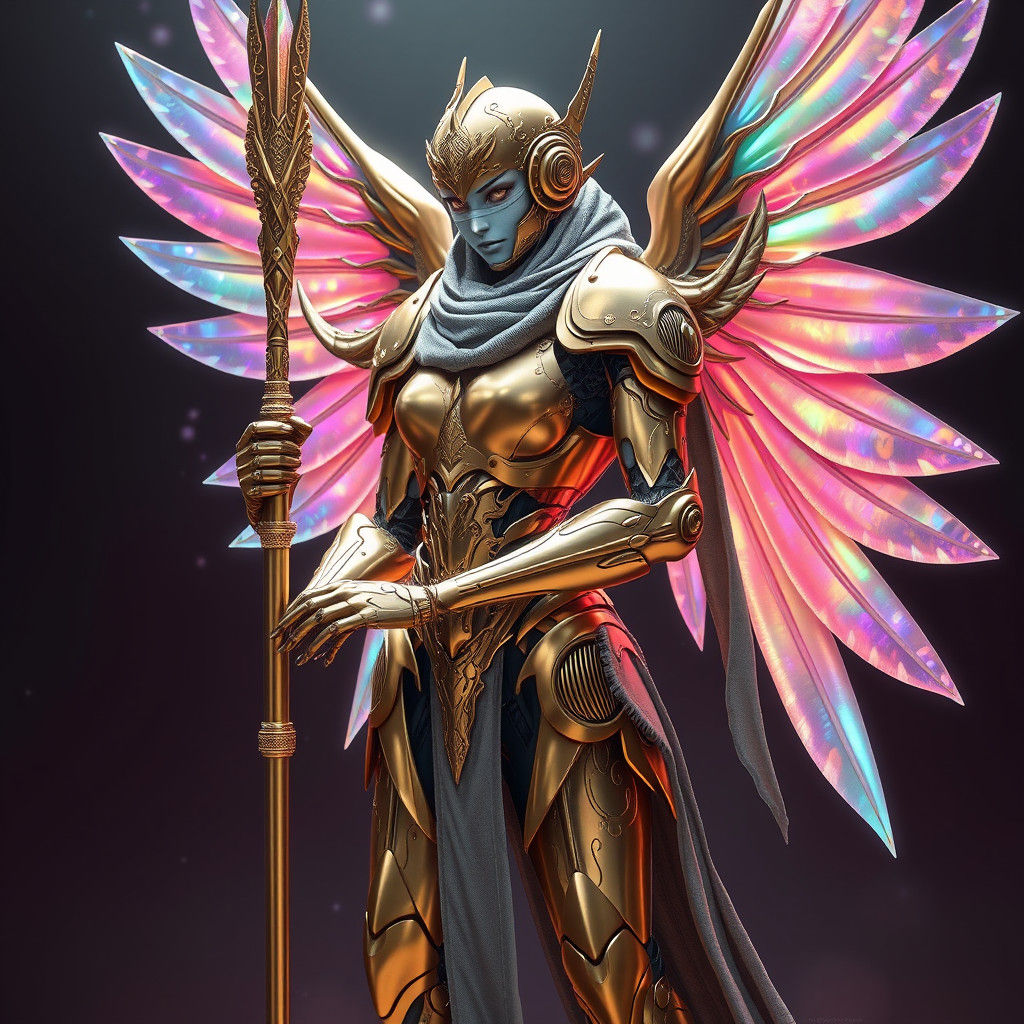 Armored Robot Angel with Rainbow Wings, High Fantasy Art