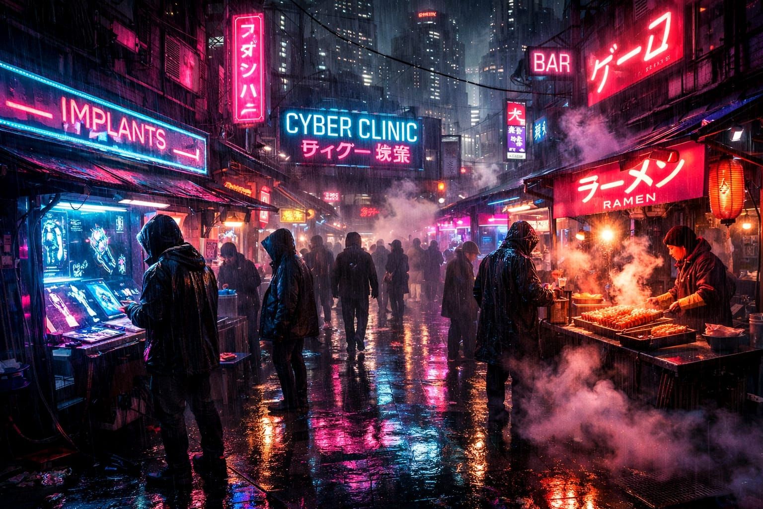 Cyberpunk Market at Night with Neon Lights