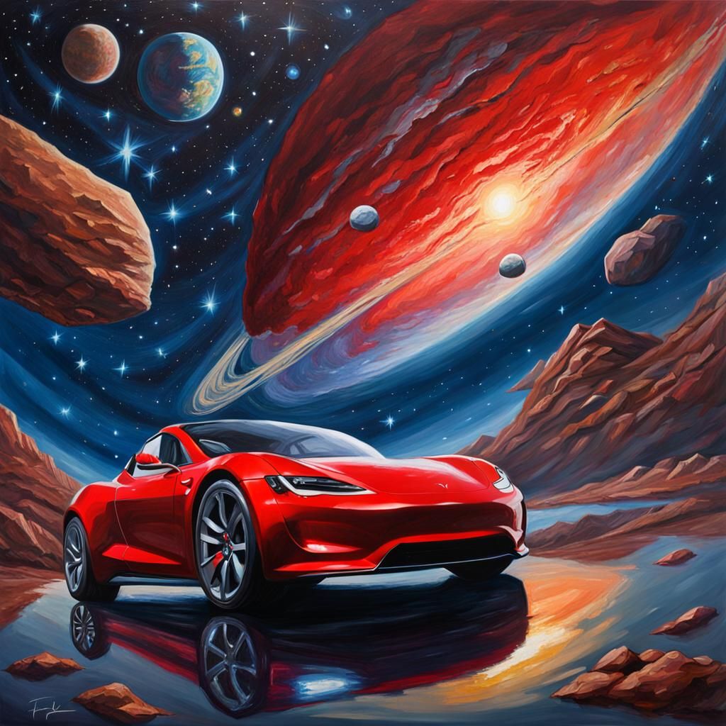 Red Tesla Roadster in Space, Oil Painting