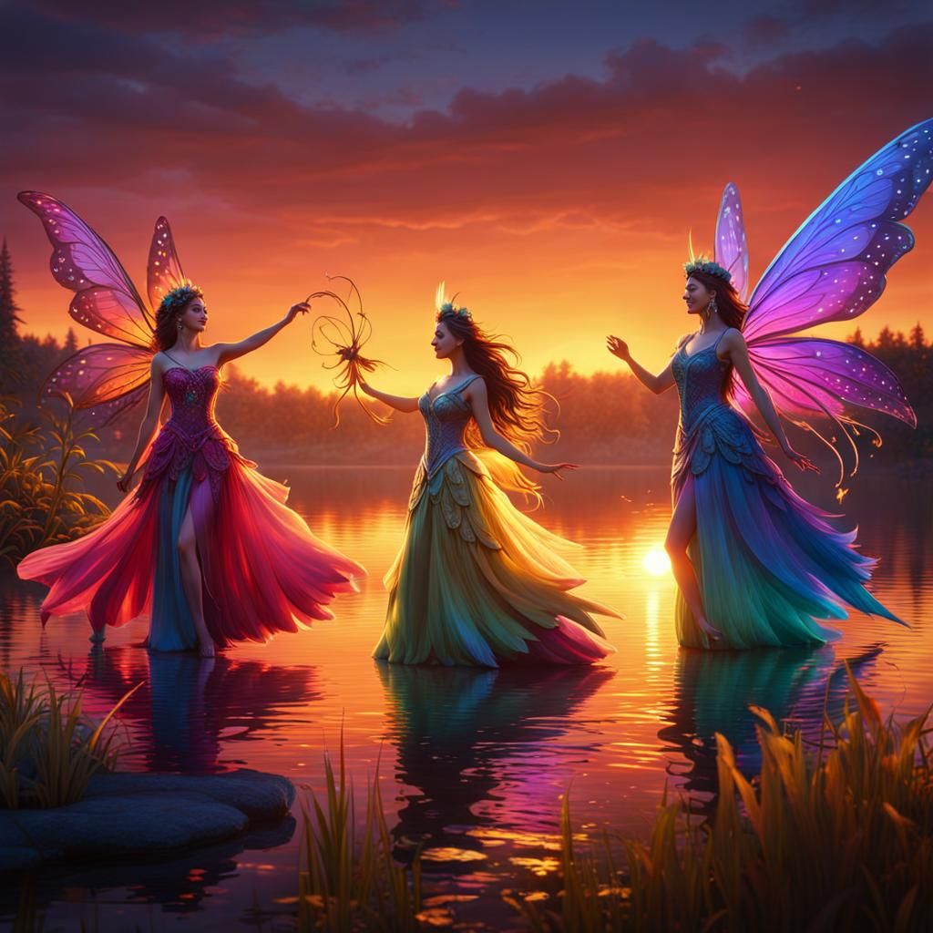 Fairies Dance by Lake at Sunset in Fantasy Art