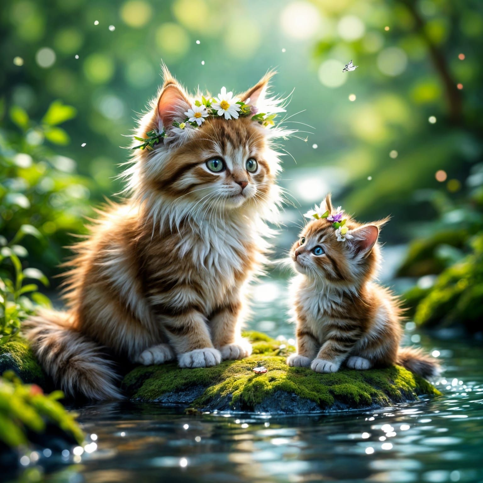 Mystical Kitten Playing by Stream in Summer