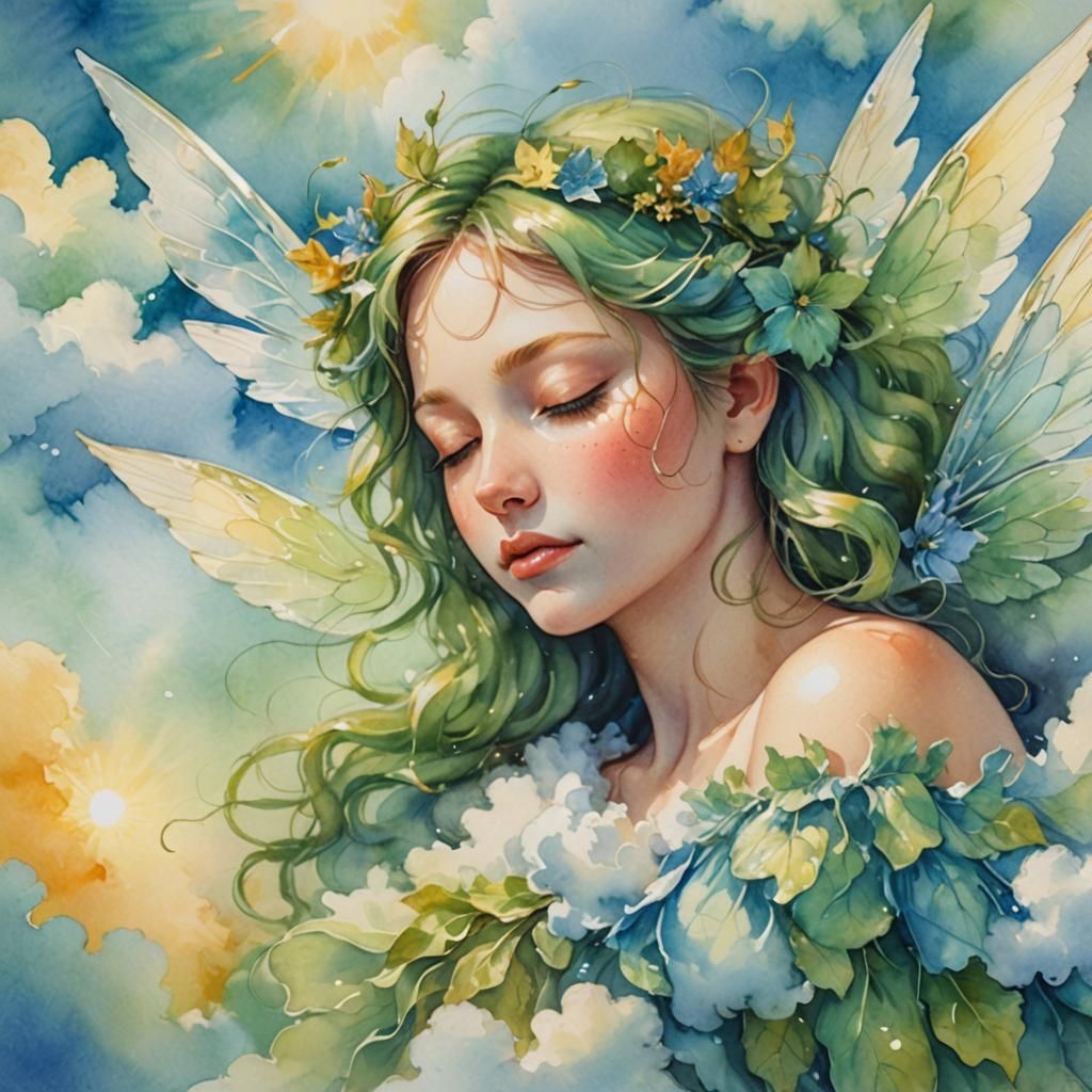 Sleeping Fairy on Cloud in Watercolor Concept Art