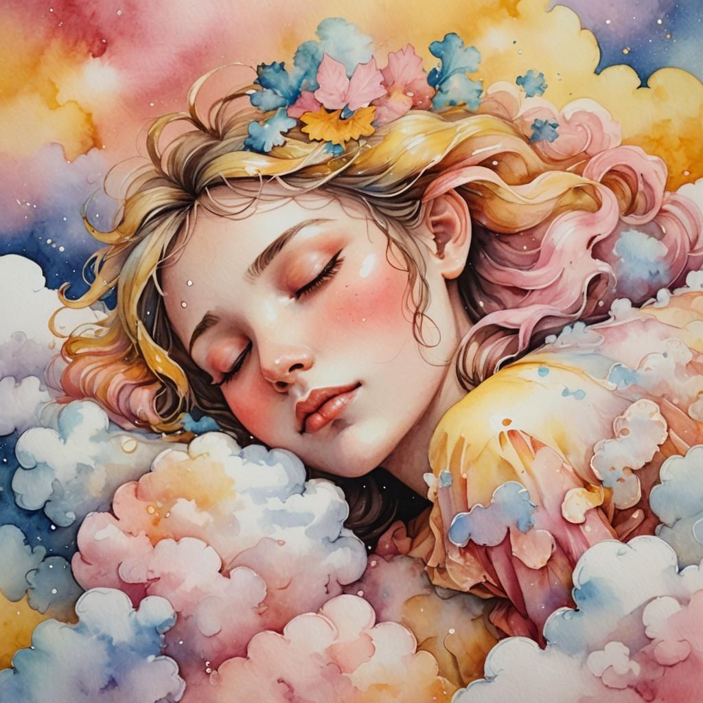 Fairy Sleeping on Cloud in Watercolor Illustration
