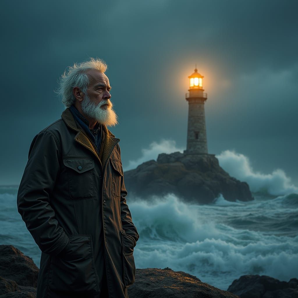 Rugged Lighthouse Keeper Stands Resolute Against Tempest