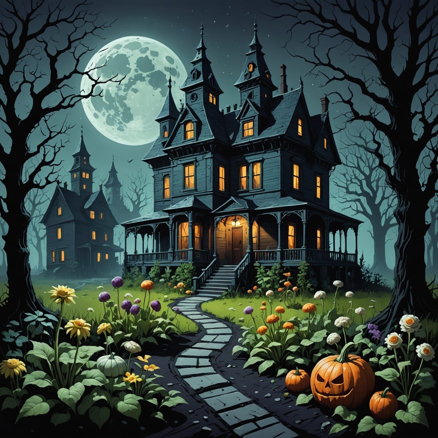 Eerie Moonlit Garden Outside Sinister Mansion