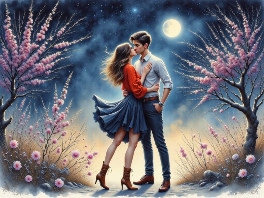 Romantic Watercolor Moment Under the Stars