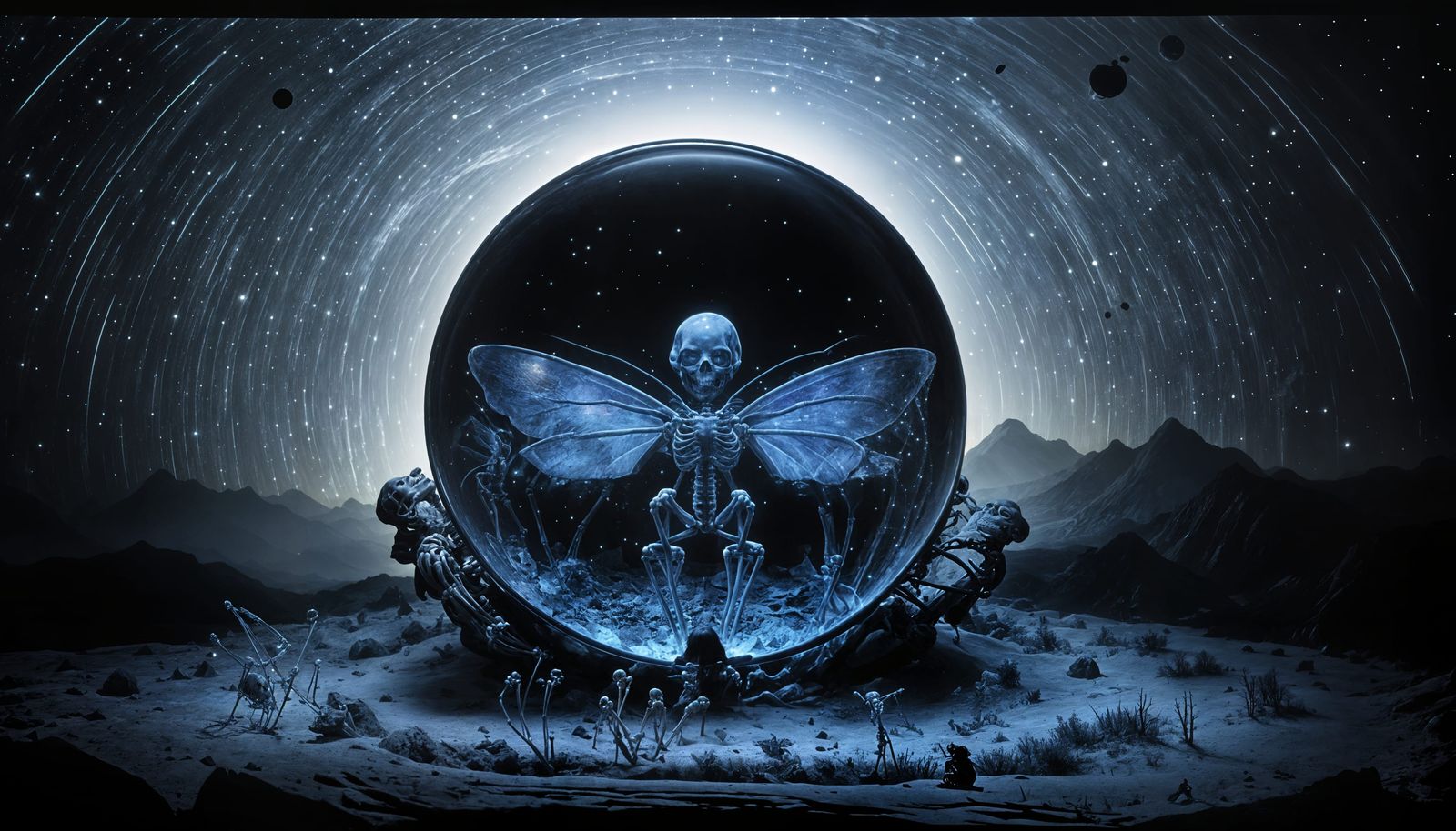 Surreal Glass Orb Landscape with Fairy's Skeleton in Mesmeri...