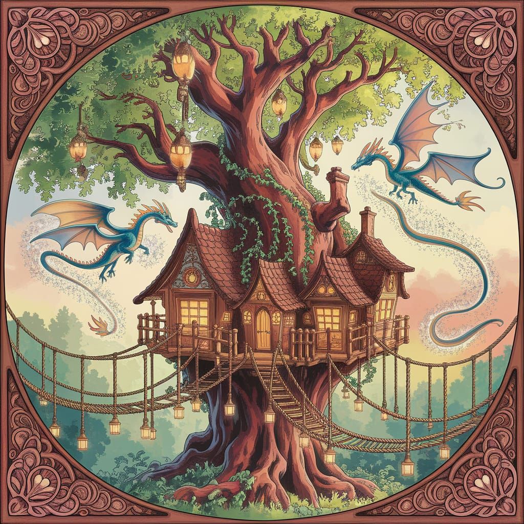 Whimsical Chocolate Tree Village in Vibrant Art Nouveau Styl...