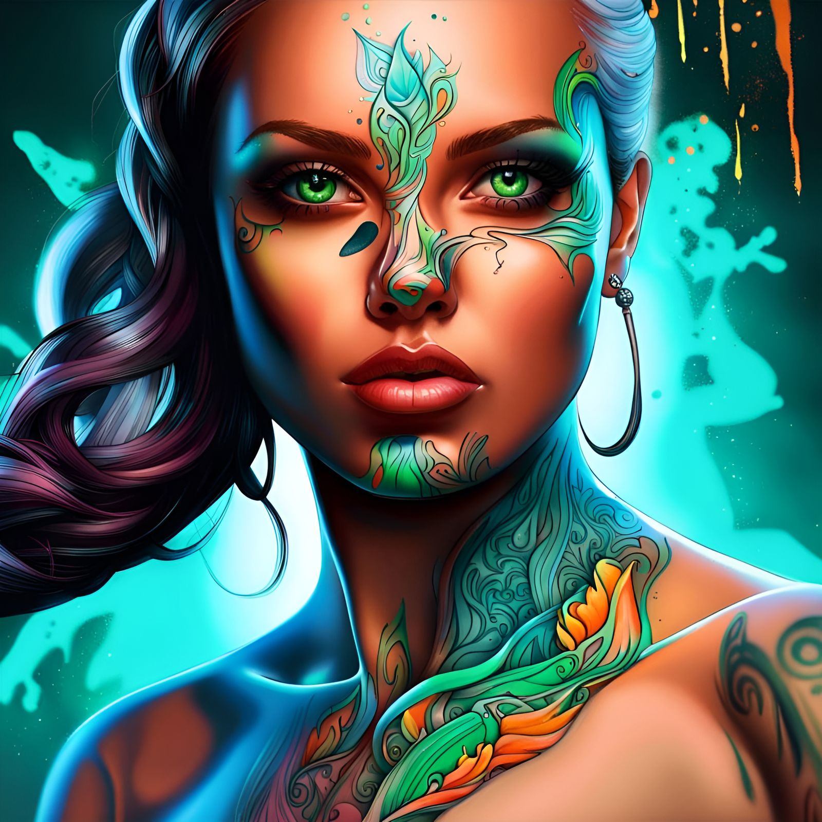 Stunning Woman with Fiery Green Eyes in Graffiti Art