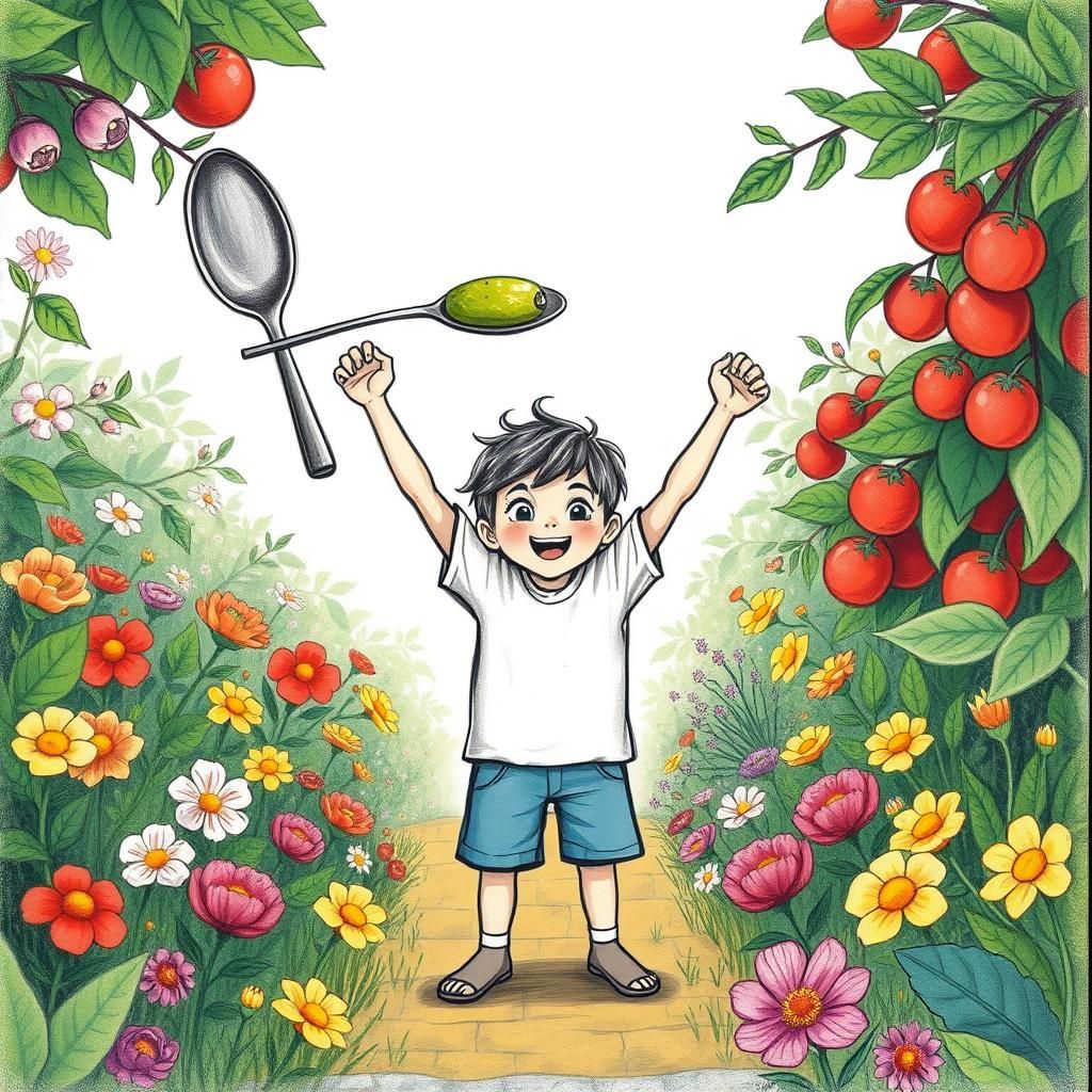 Child's Victory Over Hunger in a Blooming Garden