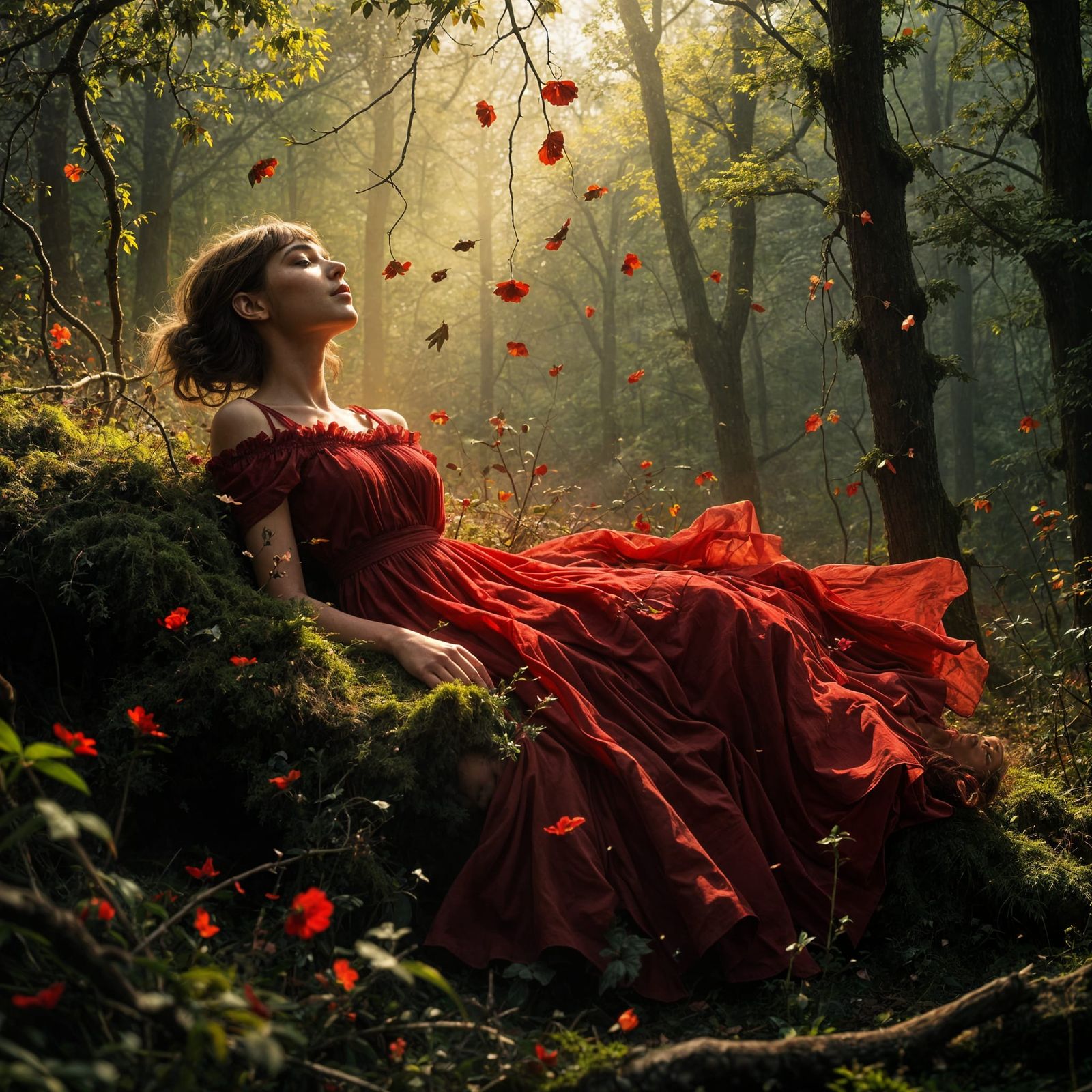 <lora:Veil of Nightmares:1.0>  A young girl in a flowing red...