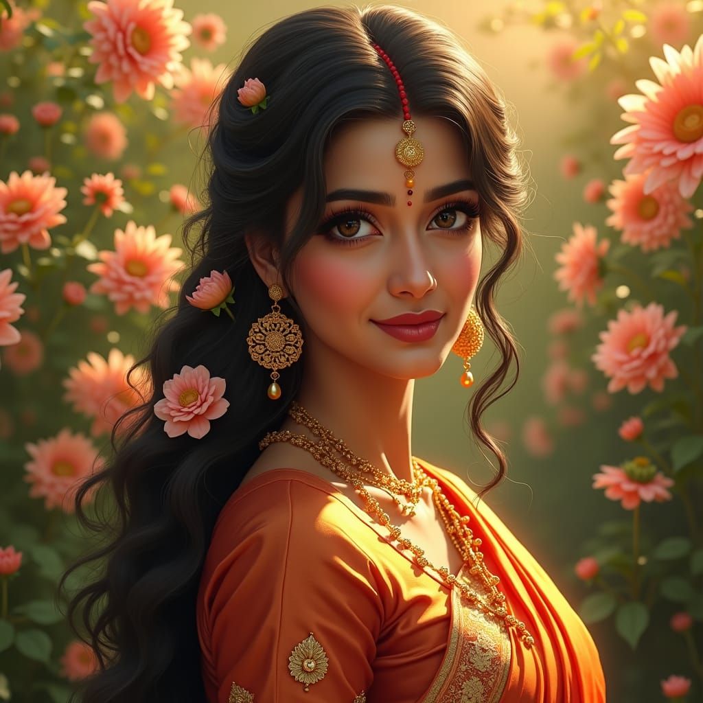 Elegant Indian Woman in Silk Saree, Raja Ravi Varma Style