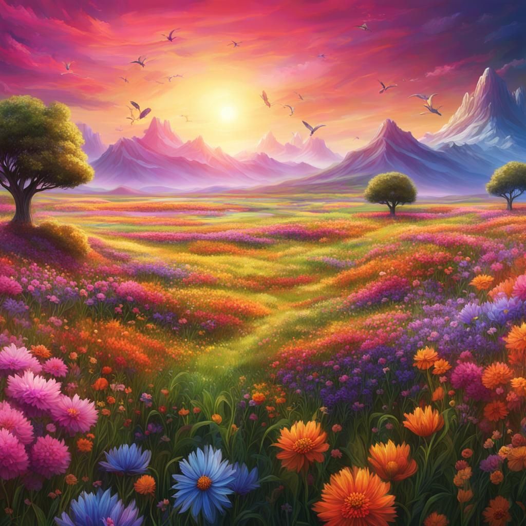 Vibrant Elysium Fields of Magical Wildlife