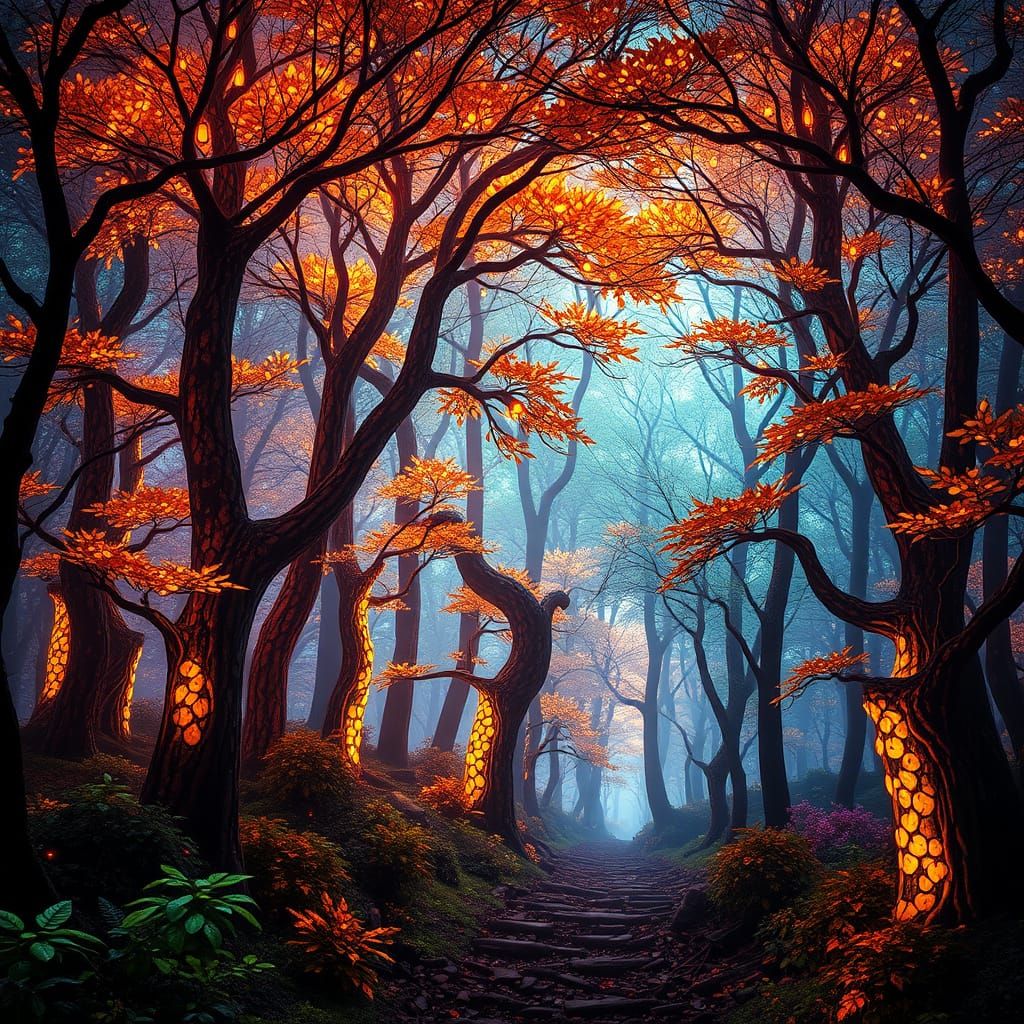 Surreal Stained Glass Forest in Vibrant Art Nouveau Style