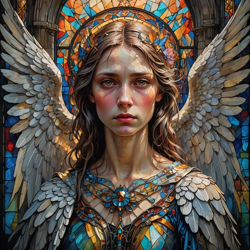 Sorrowful Angel in Abandoned Cathedral, Art Nouveau Painting