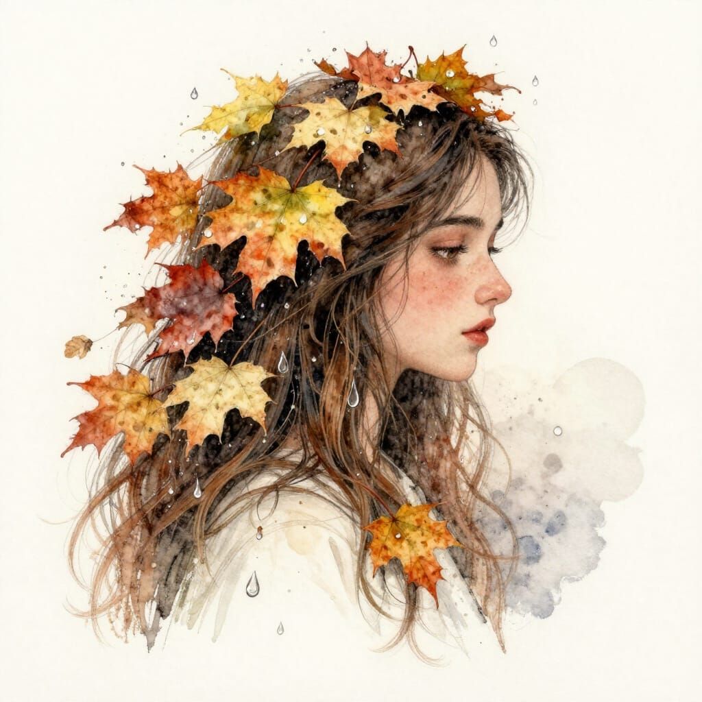 Whimsical Autumn Woman with Leaf Hair in Watercolour Style