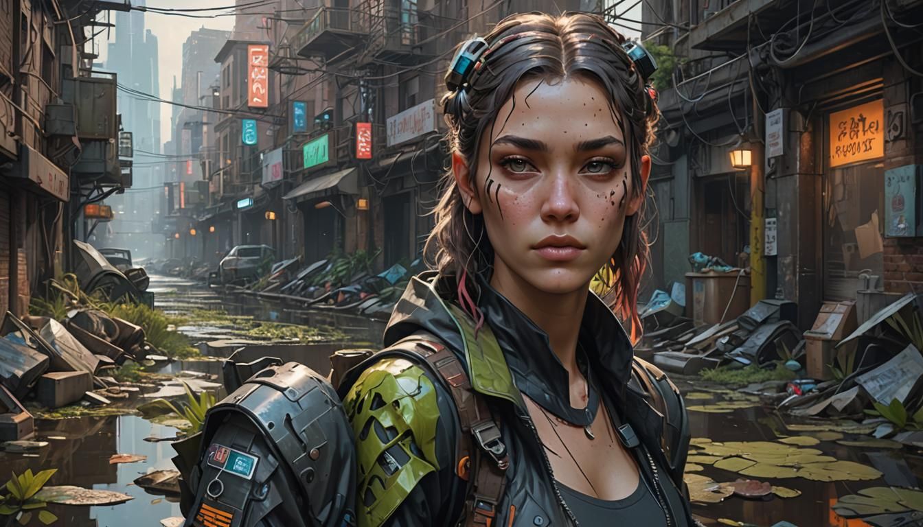Cyberpunk Swamp: Young Woman in a Trash-Filled Alley