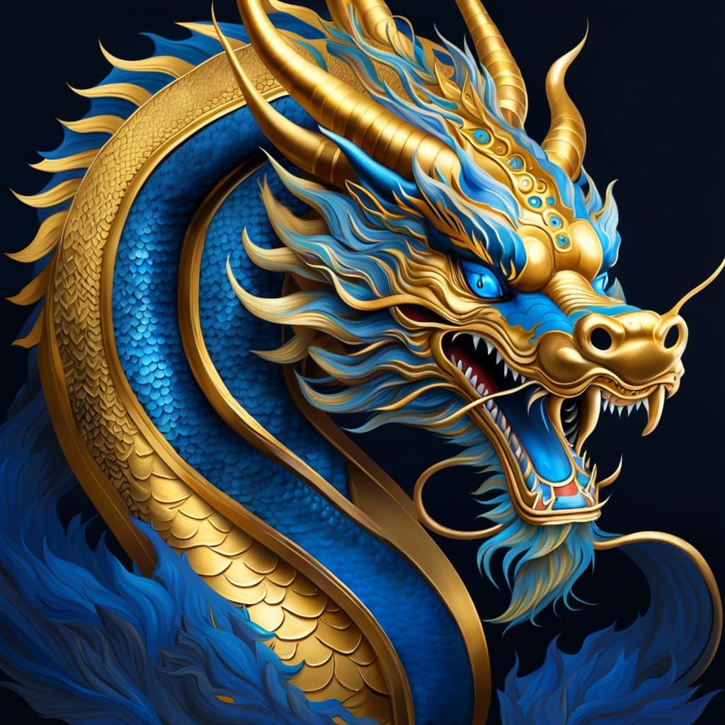 Golden and Blue Chinese Dragon Portrait in Asian Style