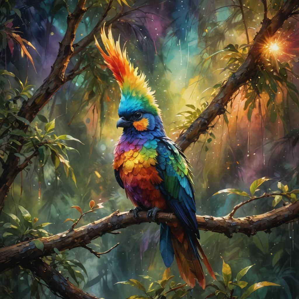 Iridescent Rainbow Bird in Abstract Expressionism Style