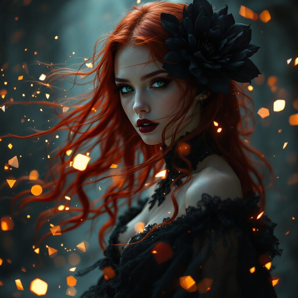 Gothic Enchantress with Crimson Hair and Lace