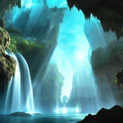 Epic Cave Chamber with Waterfalls and God Rays
