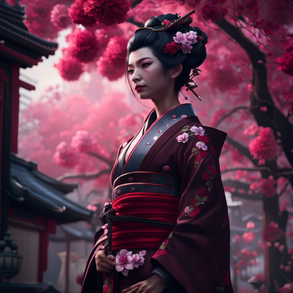 Geisha in Village with Rose Blossoms: Fantasy Art