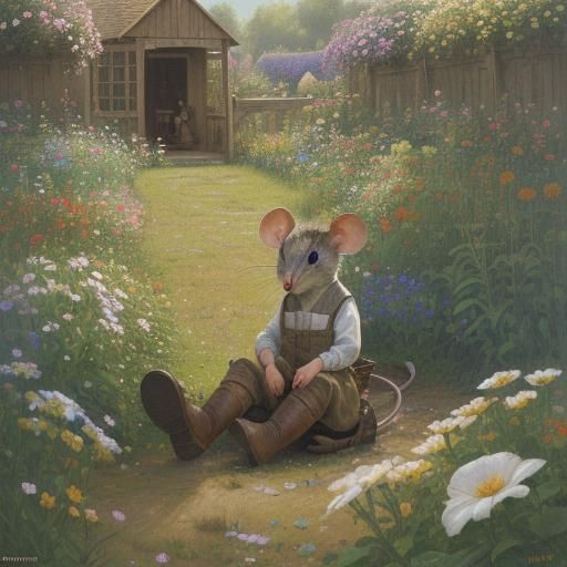 Mouse in Boot in Flower Garden, Oil Painting Style