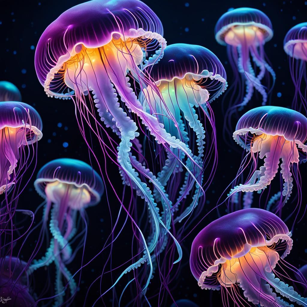 Bioluminescent Baby Moon Jellyfish in Abyssal Darkness