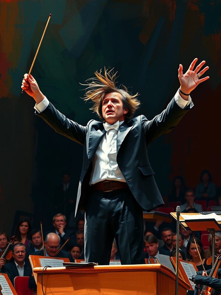 Passionate Orchestral Conductor in Expressive Brushstrokes