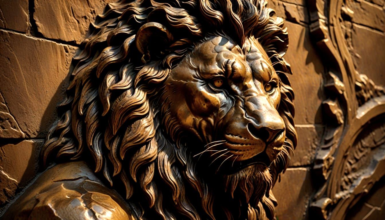Bronze Bas-Relief Sculpture of Lionman Emerging From Wall
