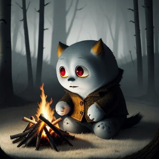 Lonely Furry Creature Sings by Campfire, 3D Render