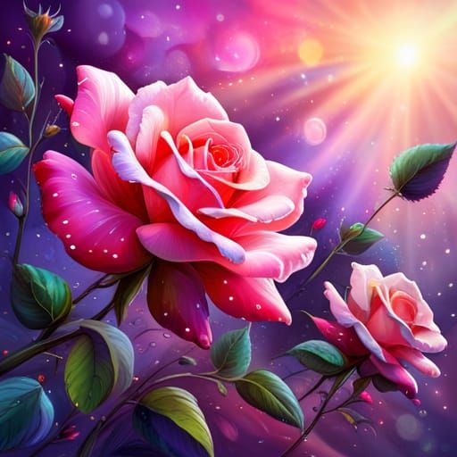 Enchanting Roses with Dew in Surreal Fantasy Garden