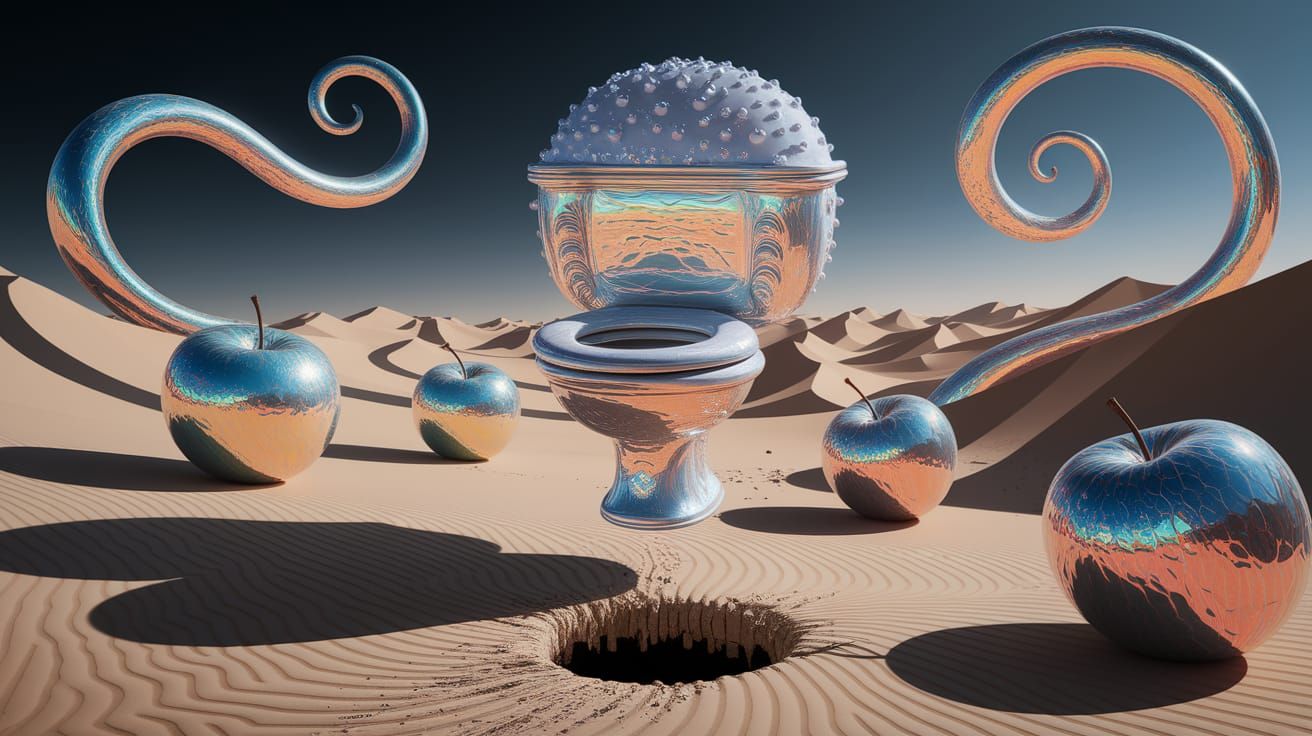 Surreal Toilet Deity in Dreamlike Apple Realm