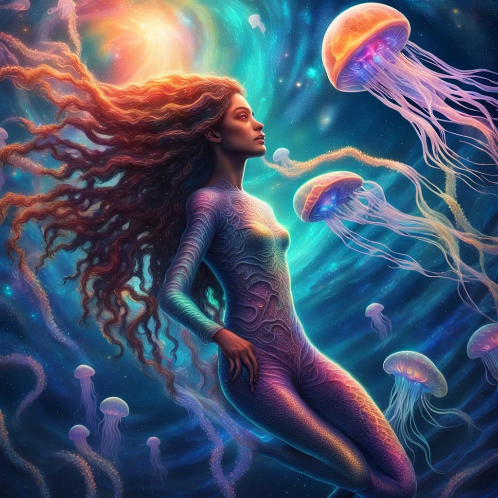 Space Mermaid's Cosmic Embrace: Holographic Illustration