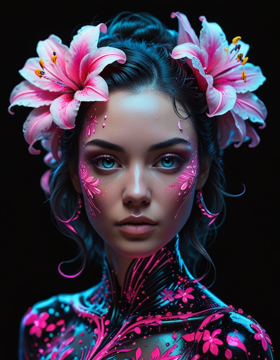 Neon Flower Princess Portrait in Biopunk Style