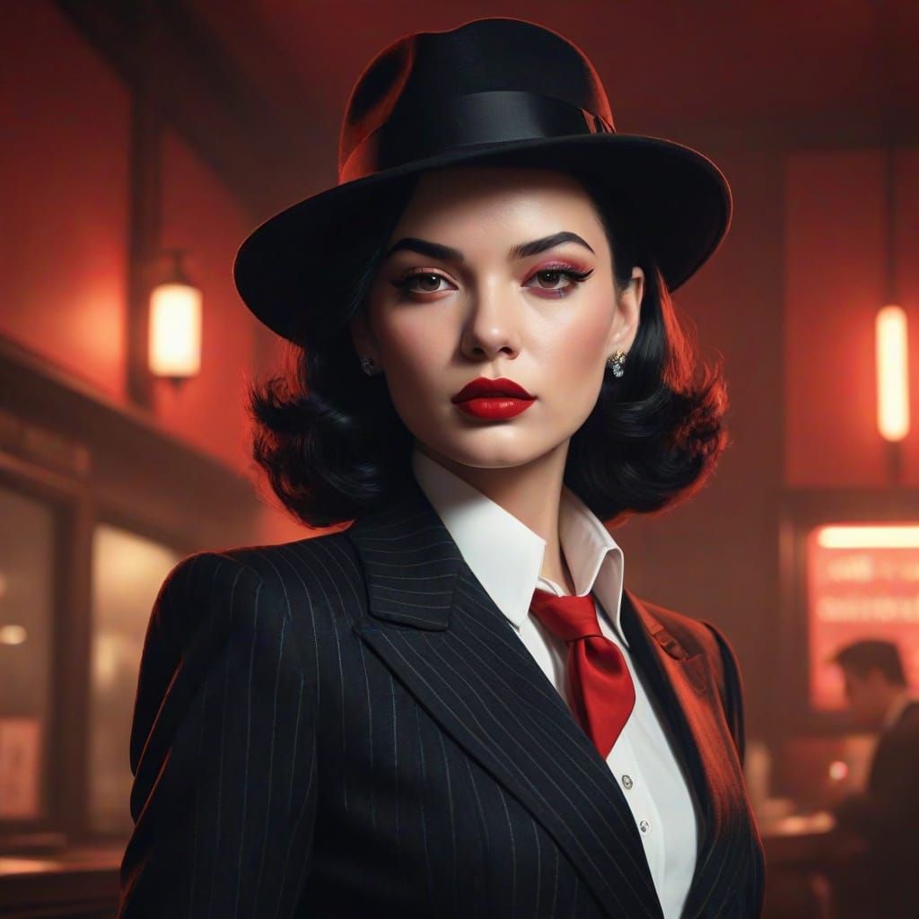 Sultry 1940s Noir Mob Boss with a Blend of Masculine and Fem...
