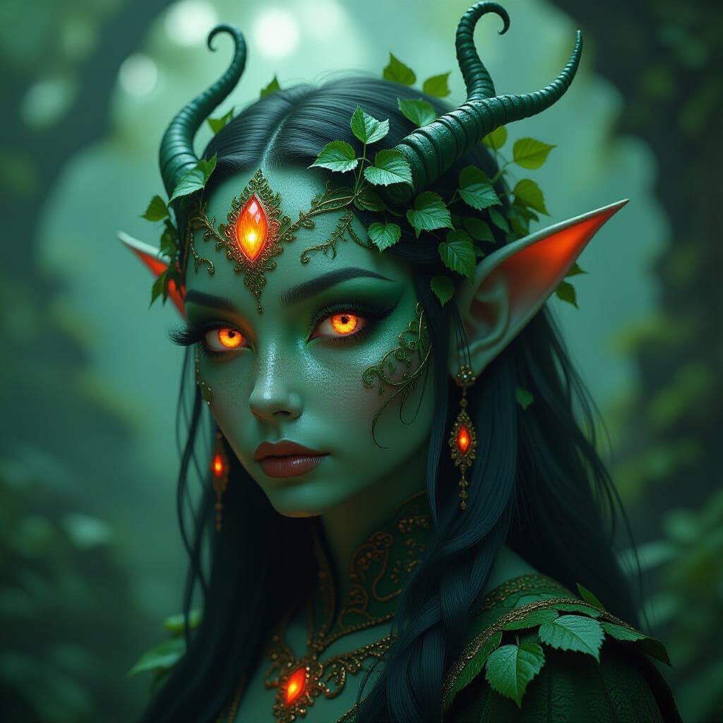 Fantastical Green Creature with Orange Eyes in Mystical Fore...