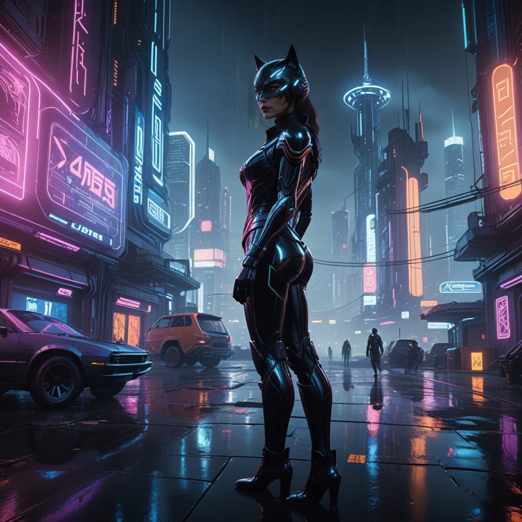 Cyberpunk Cat-Woman in Futuristic Metropolis
