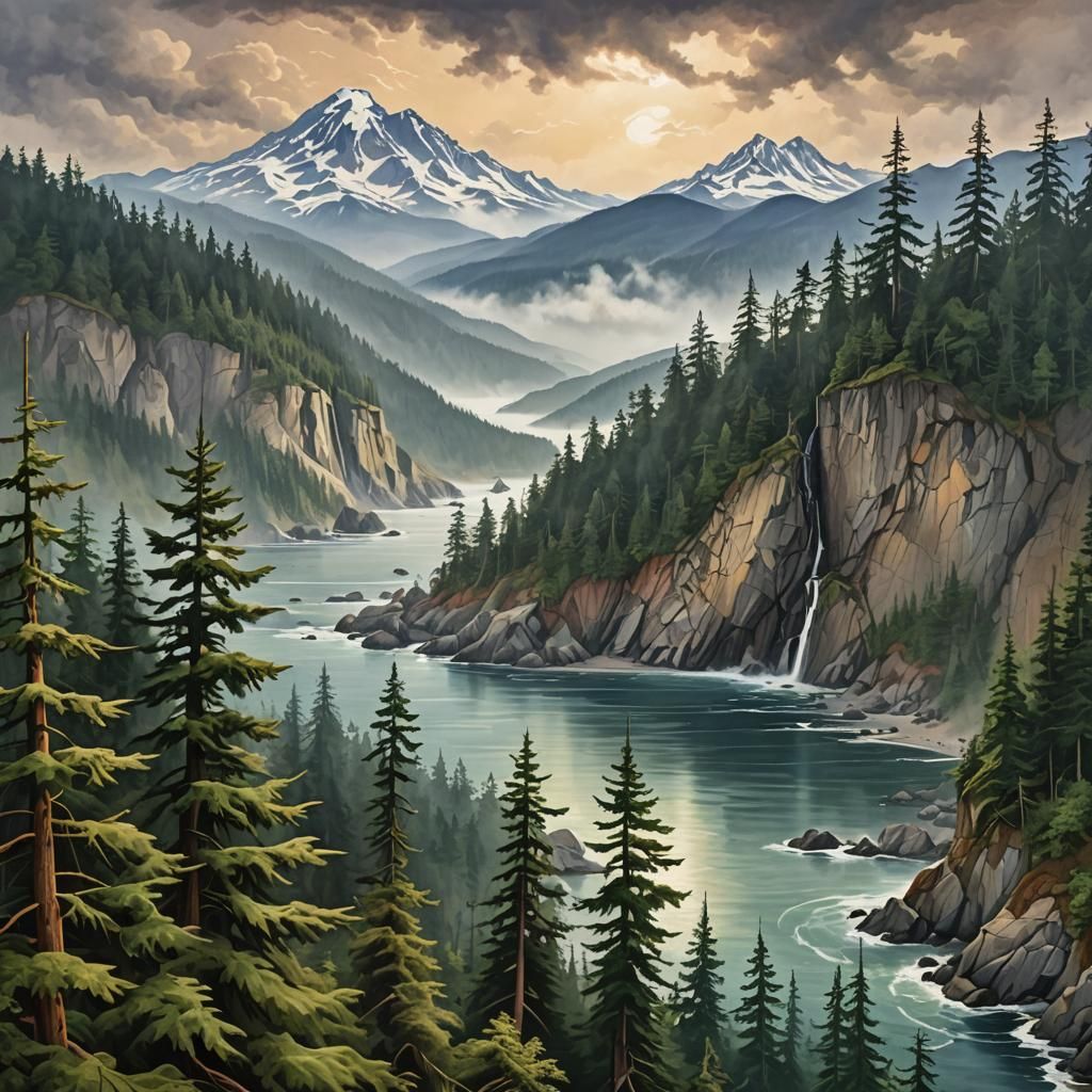 Pacific Northwest Painting: Evergreen Forests and Misty Peak...
