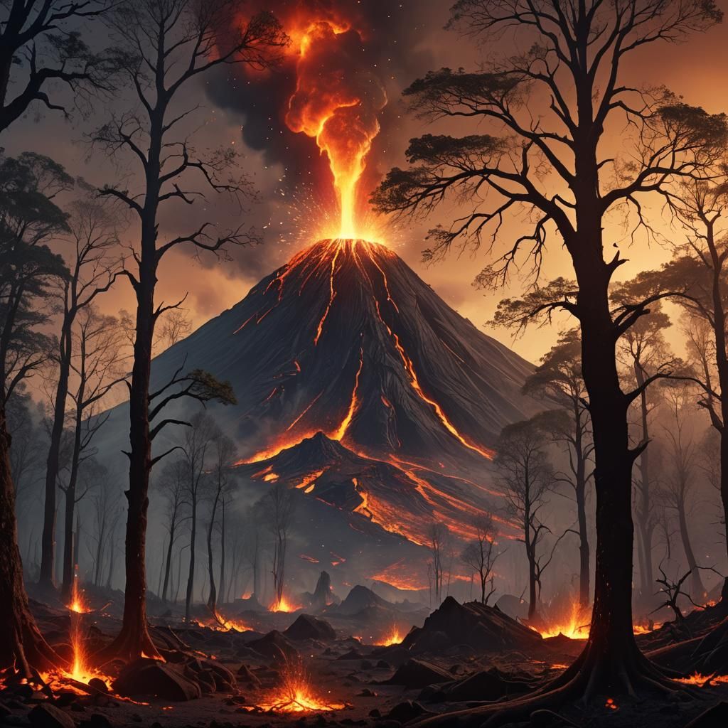 Erupting Volcano in Mystical Ancient Forest