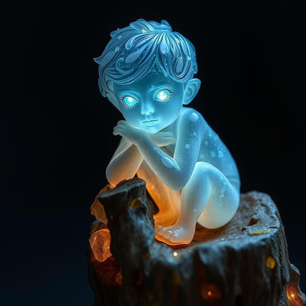 Bioluminescent Crystal Sculpture of Boy on Tree Stump