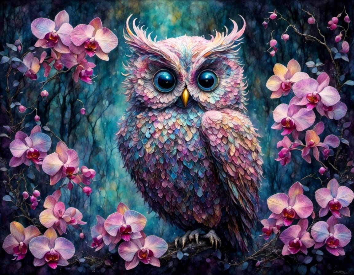 Orchid Owl Sculpture in Moonlit Garden