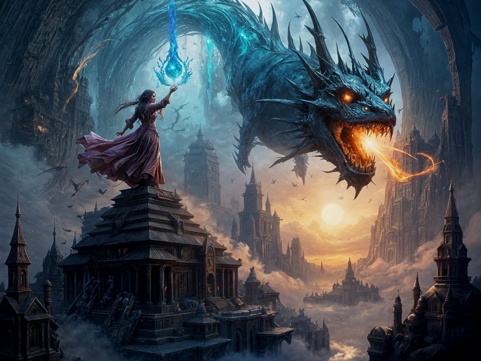 Sorceress Summons Dragon on Floating Ziggurat