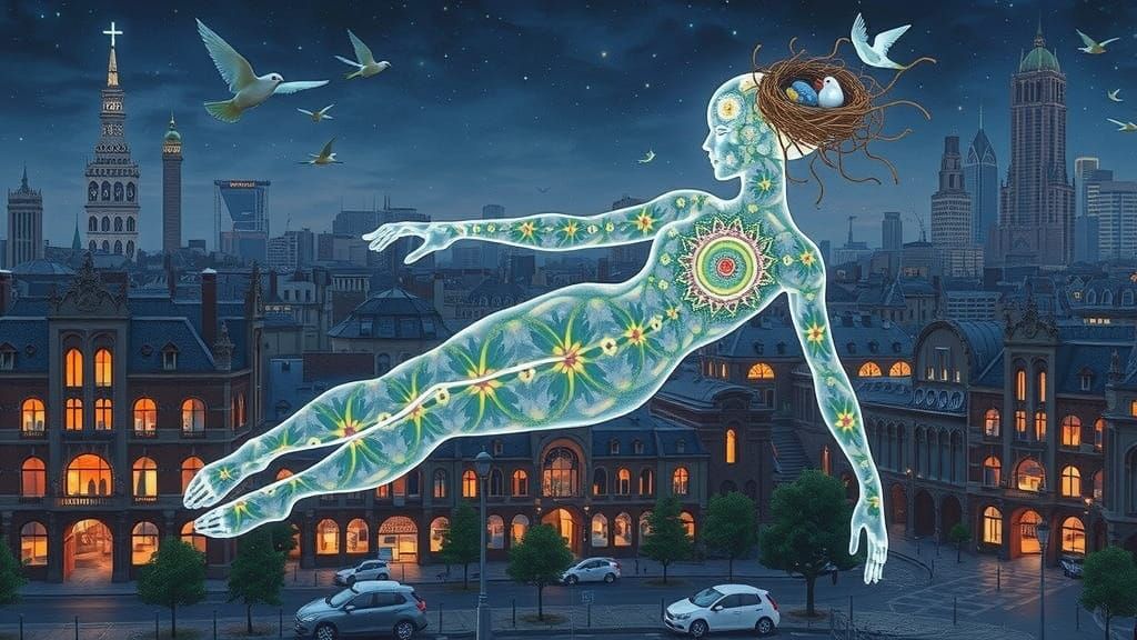 Man in Red: Klimt-Inspired Dreamscape with Tulips