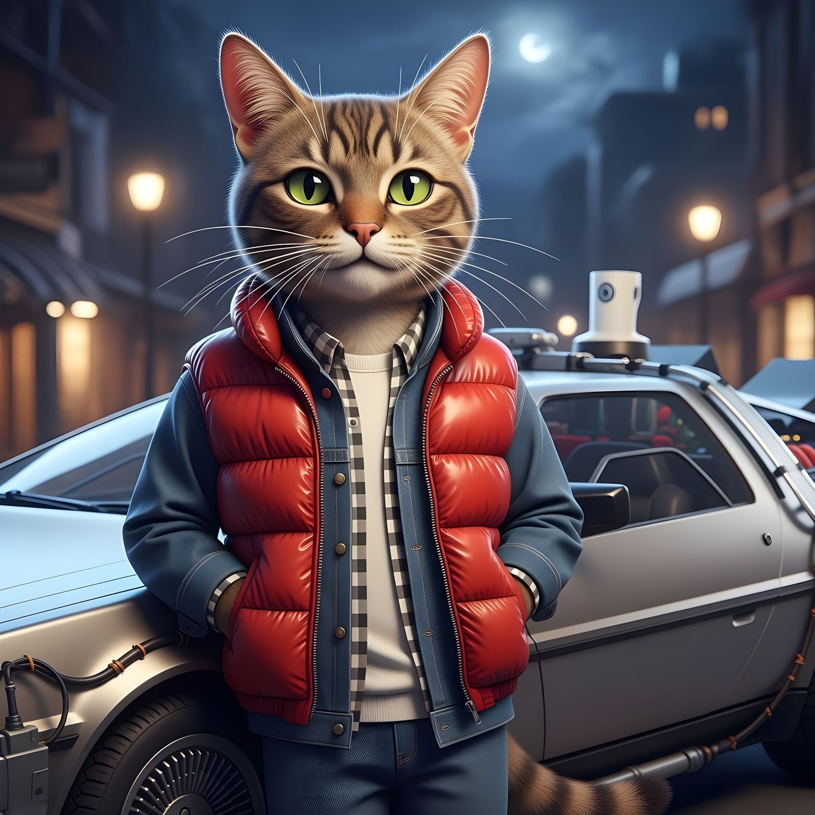 Marty McFly Cat in Cartoon Photorealism Style