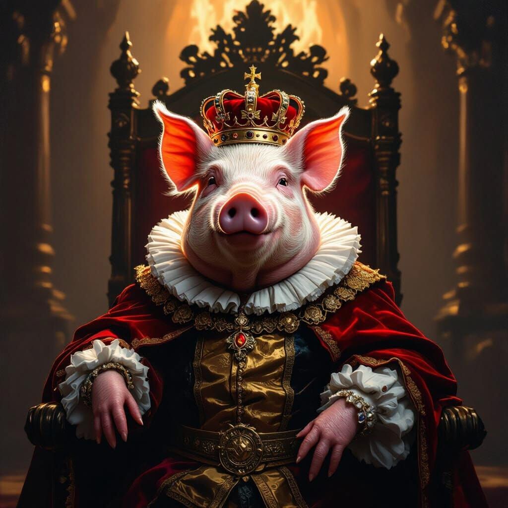 Regal Pig King in Dramatic Oil Painting
