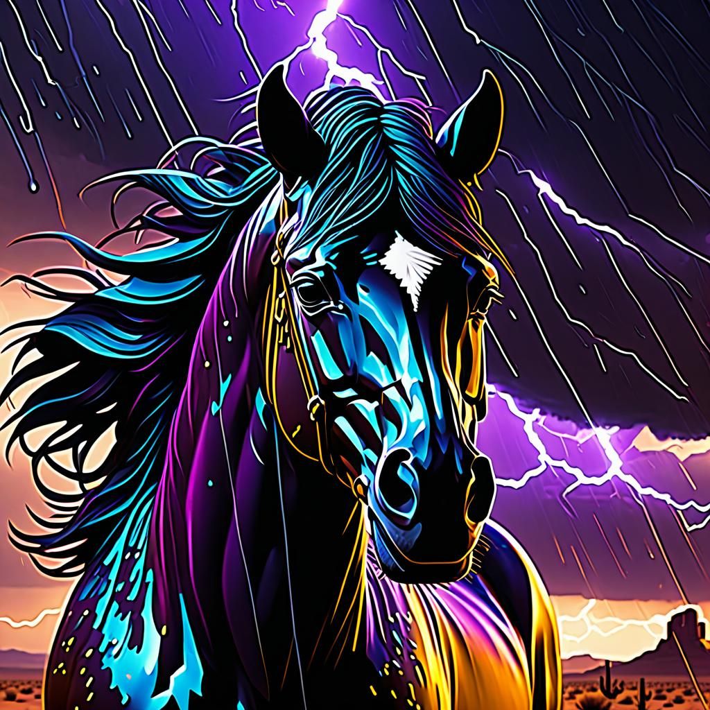 Black Stallion in Desert Midnight Rain, Dark Fantasy