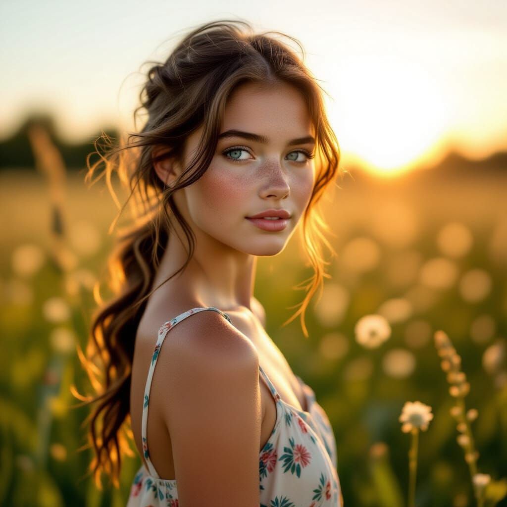 Teenage Girl in Sun-Drenched Meadow with Blue Eyes