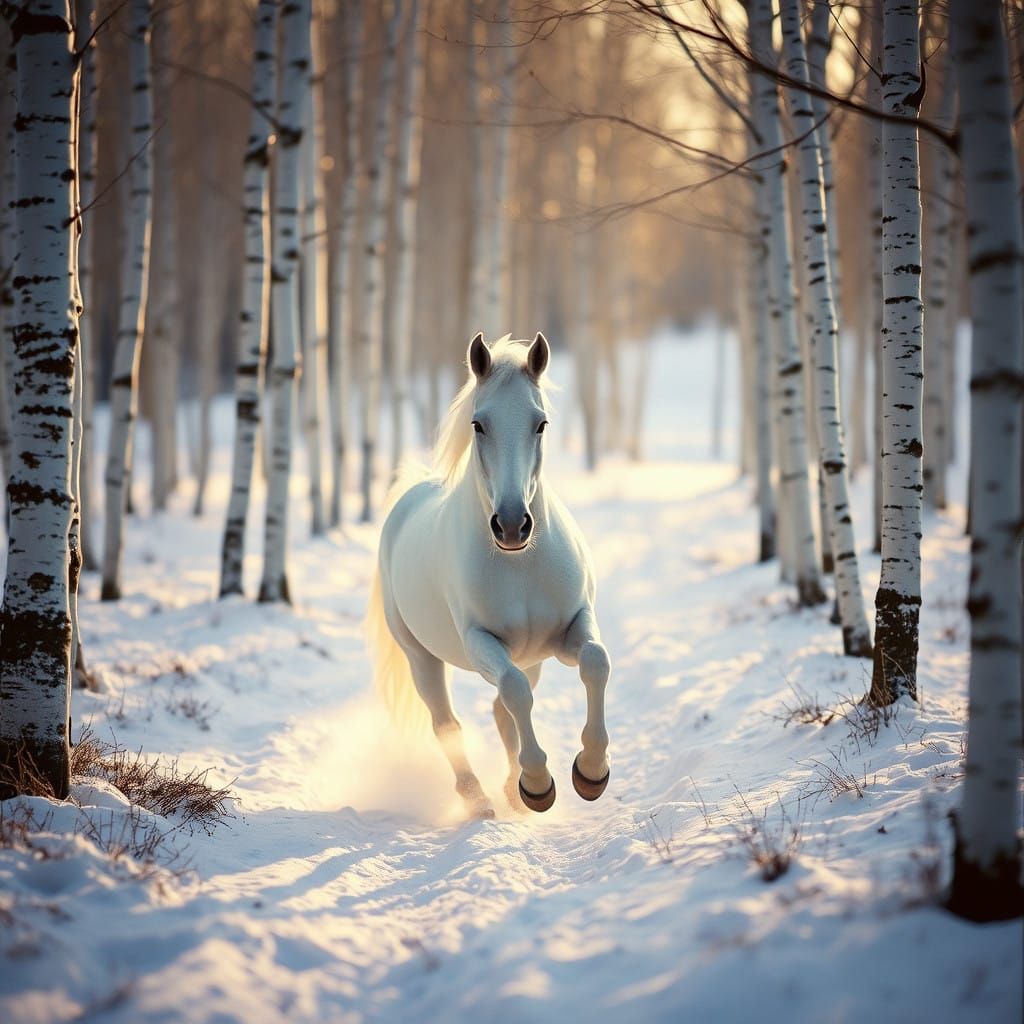 Ethereal Stallion Gallops in Snowy Birch Forest at Dusk