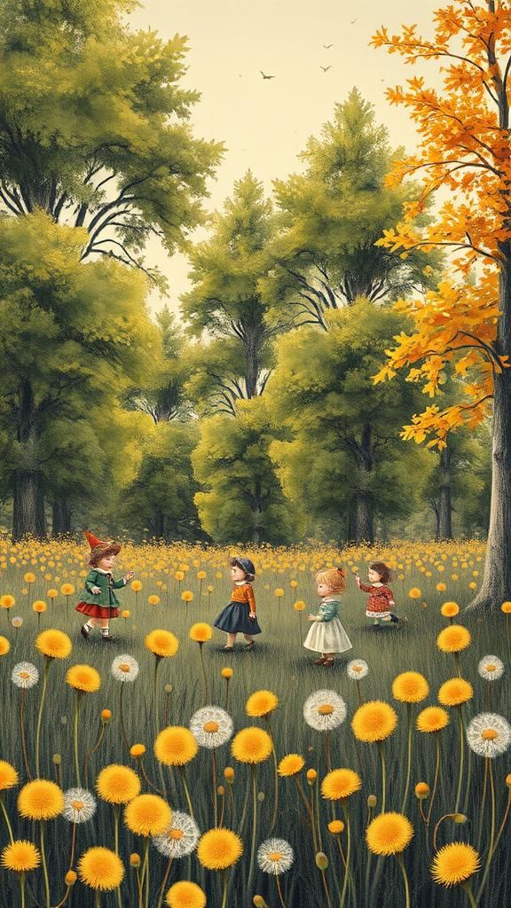 Dreamlike Autumn Landscape with Children in Naive Art Style